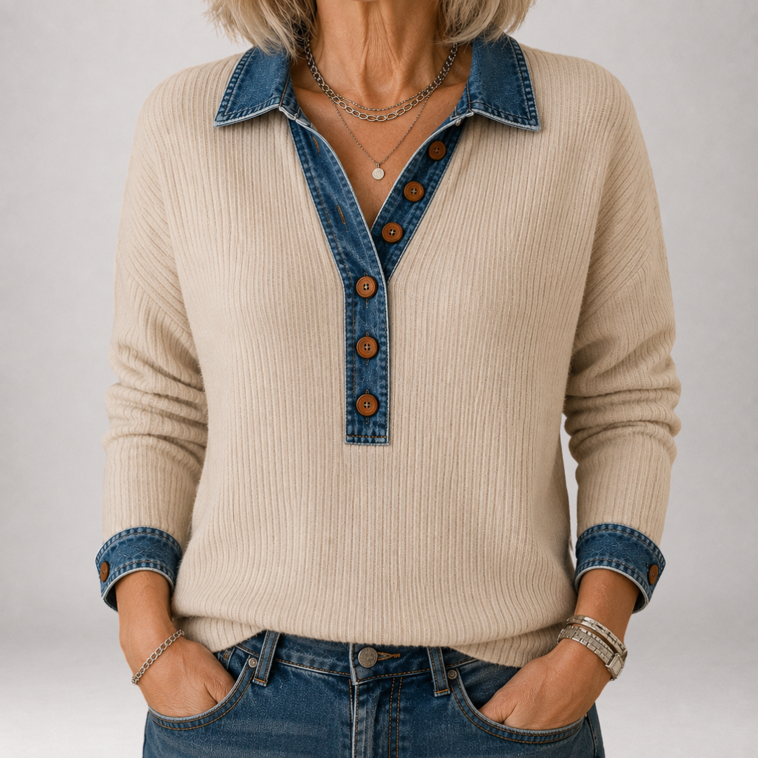Clarisse | Eleganter gerippter Polo-Pullover mit stilvollem Denim-Kragen
