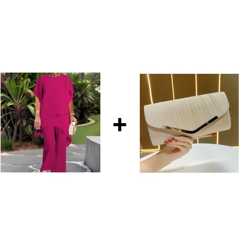Theresa | Elegant tvådelat set för damer med asymmetrisk topp och vida byxor