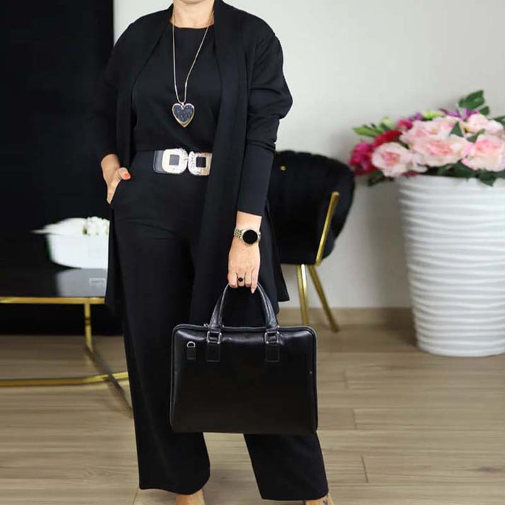 Elegant 3-delat set med lång cardigan, topp och byxor