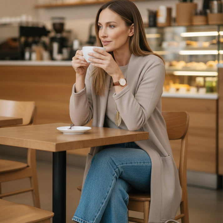 Elegant 3-delat set med lång cardigan, topp och byxor