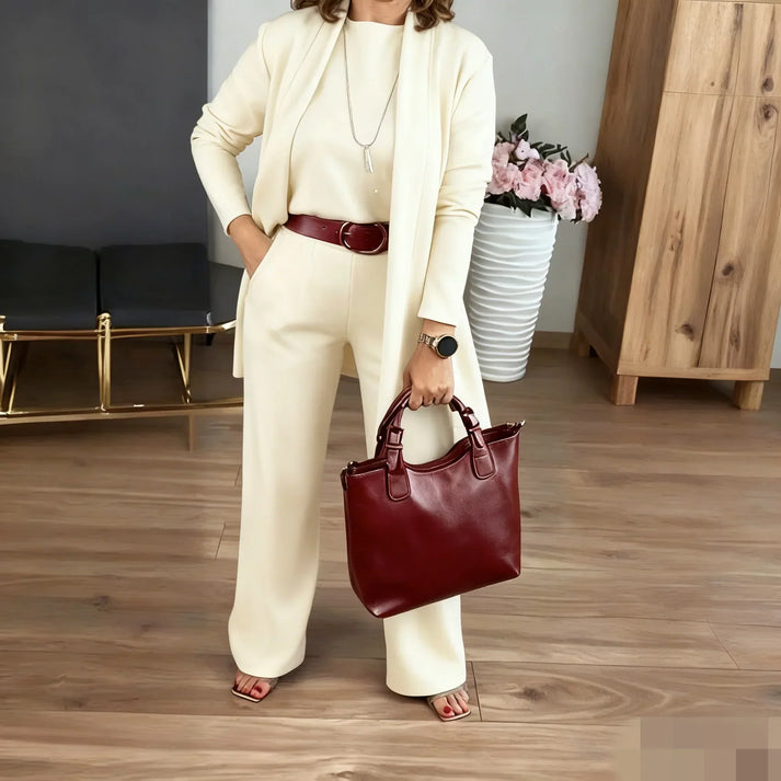 Elegant 3-delat set med lång cardigan, topp och byxor