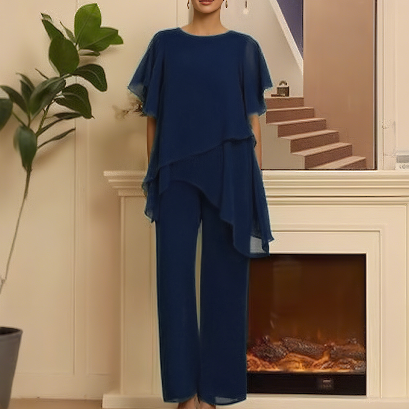Theresa | Elegant tvådelat set för damer med asymmetrisk topp och vida byxor