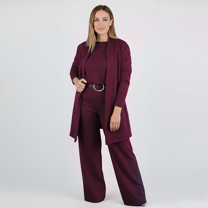 Elegant 3-delat set med lång cardigan, topp och byxor