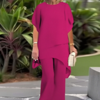 Theresa | Elegant tvådelat set för damer med asymmetrisk topp och vida byxor