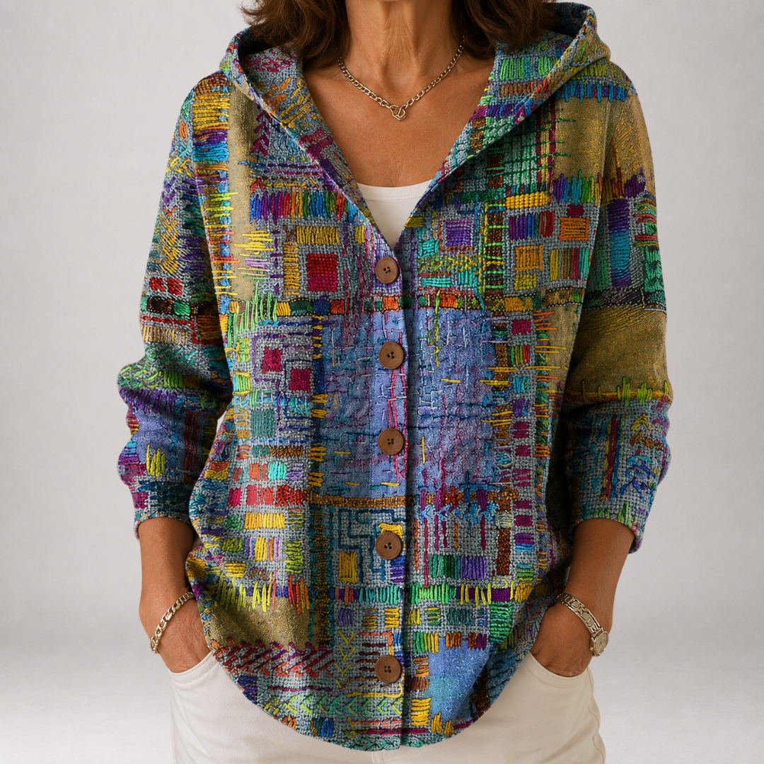 Halcyon | Kuschelige Patchwork-Strickjacke mit Kapuze