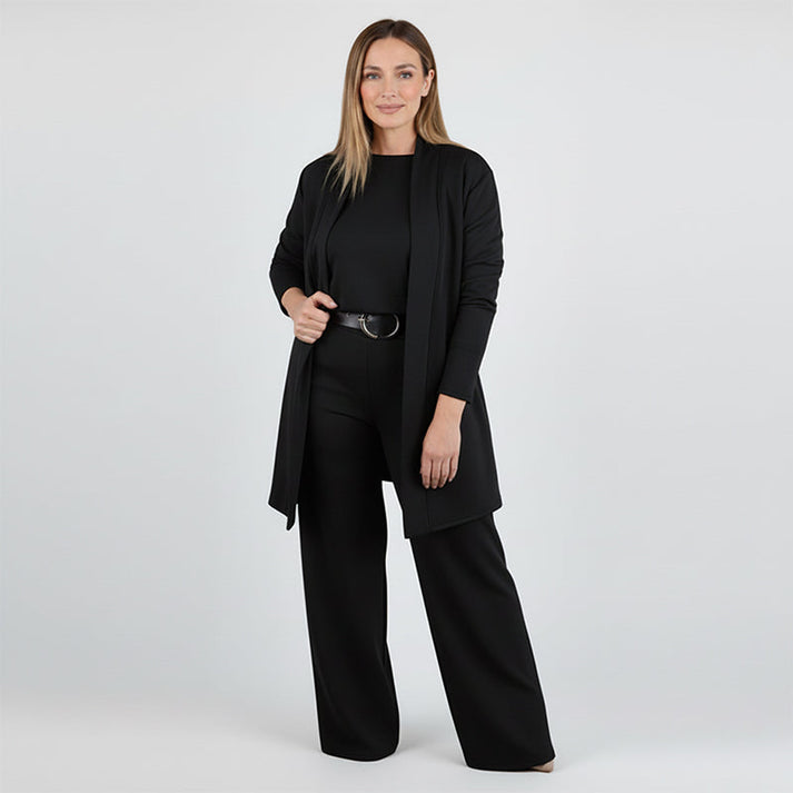 Elegant 3-delat set med lång cardigan, topp och byxor