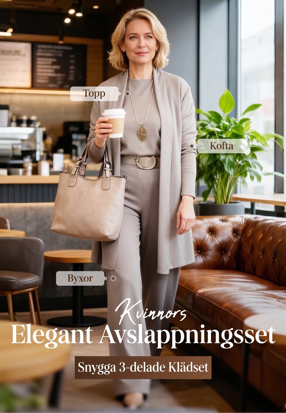 Elegant 3-delat set med lång cardigan, topp och byxor