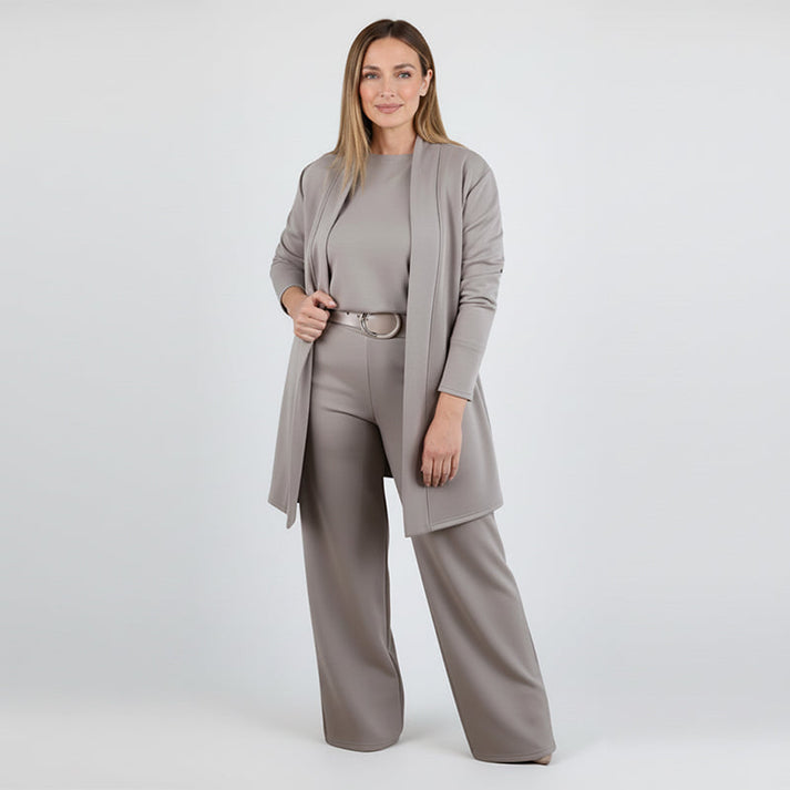 Elegant 3-delat set med lång cardigan, topp och byxor