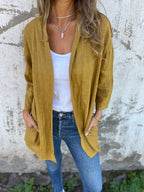 Leinen-Strickjacke mit verspielten Rüschen