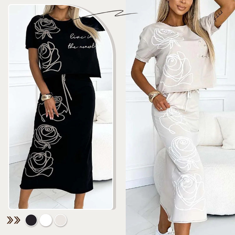 AMARA | Stilfullt set för damer med avslappnad blommig T-shirt och elegant bustierkjol