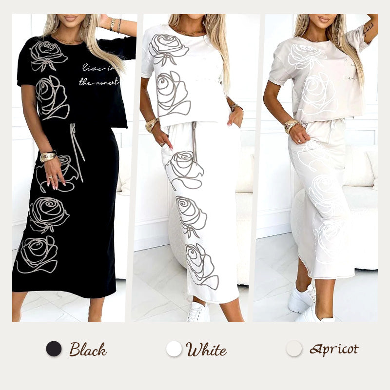 AMARA | Stilfullt set för damer med avslappnad blommig T-shirt och elegant bustierkjol