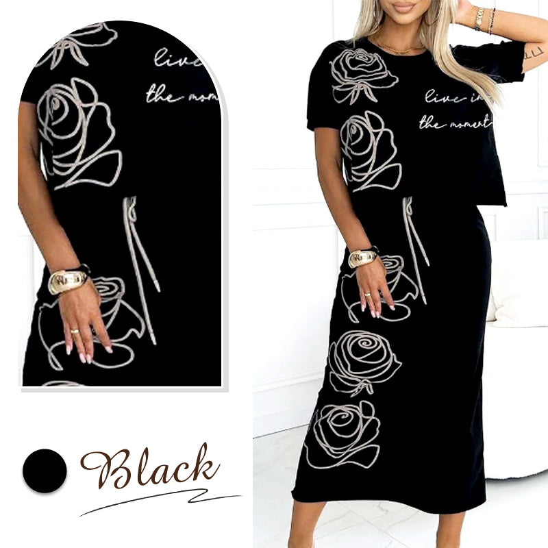 AMARA | Stilfullt set för damer med avslappnad blommig T-shirt och elegant bustierkjol