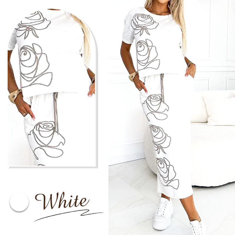 AMARA | Stilfullt set för damer med avslappnad blommig T-shirt och elegant bustierkjol