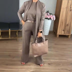 Elegant 3-delat set med lång cardigan, topp och byxor