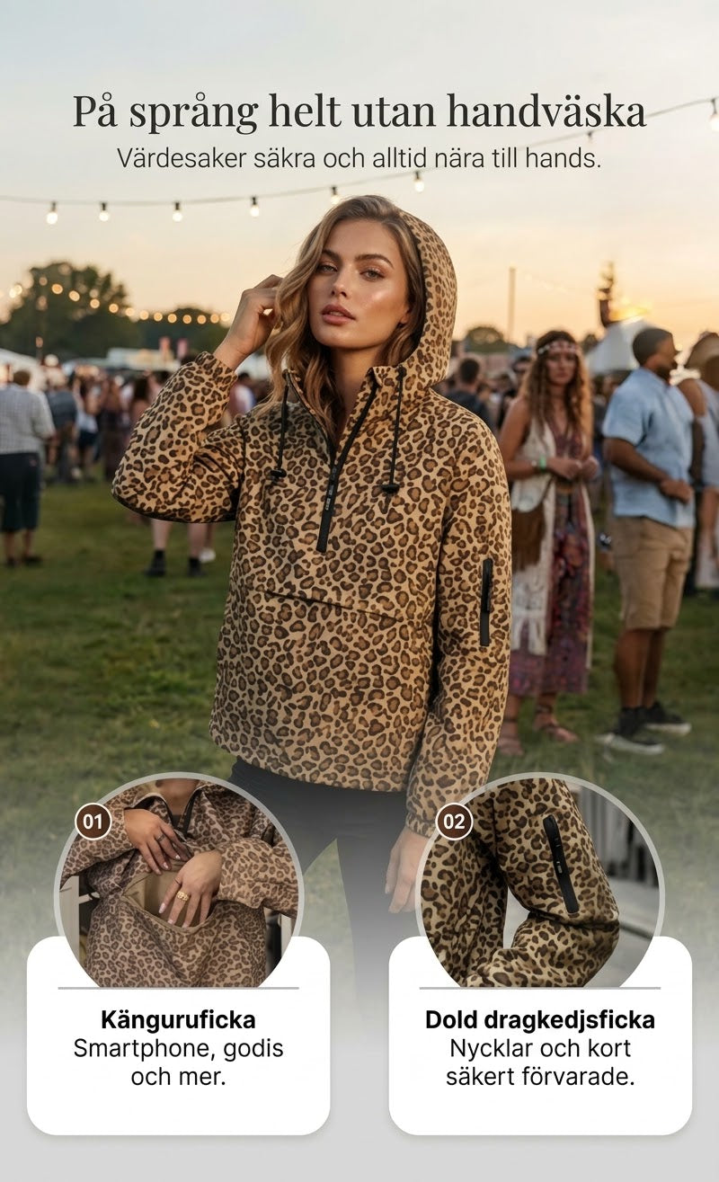 Huvtröja med leopardmönster och känguruficka